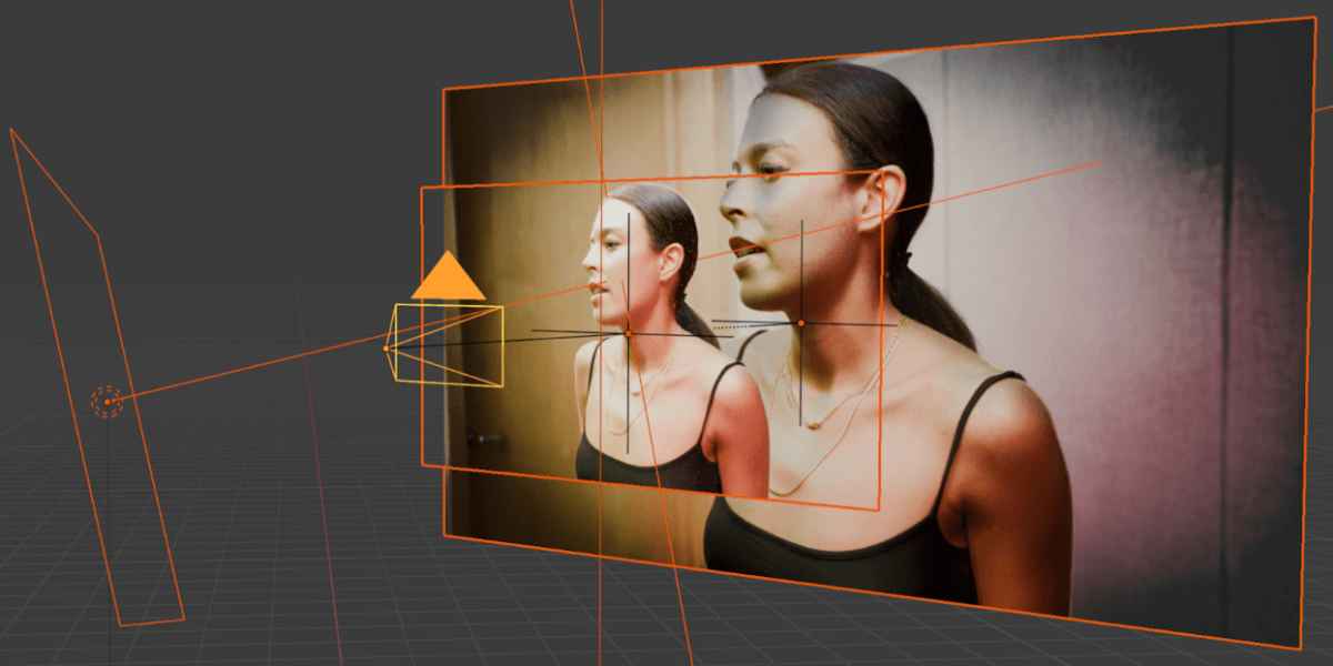 The foreground and background of the original footage are imported into Blender as 2D planes with inferred material properties, where synthetic lights can be positioned in 3D space to relight the footage. By scaling and aligning the planes to a virtual camera (yellow pyramid, above), the relit footage retains the resolution of the source video when rendered. (PHOTO CREDIT: Andrew Gordon and Natali Chavez)